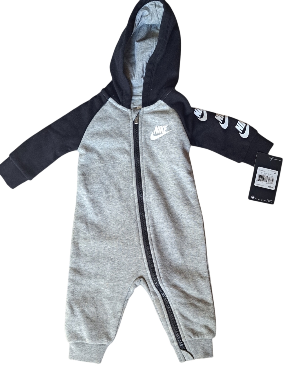 Nike Baby Boys 6M Hooded Zip One Piece Romper Gray Black Swoosh NWT